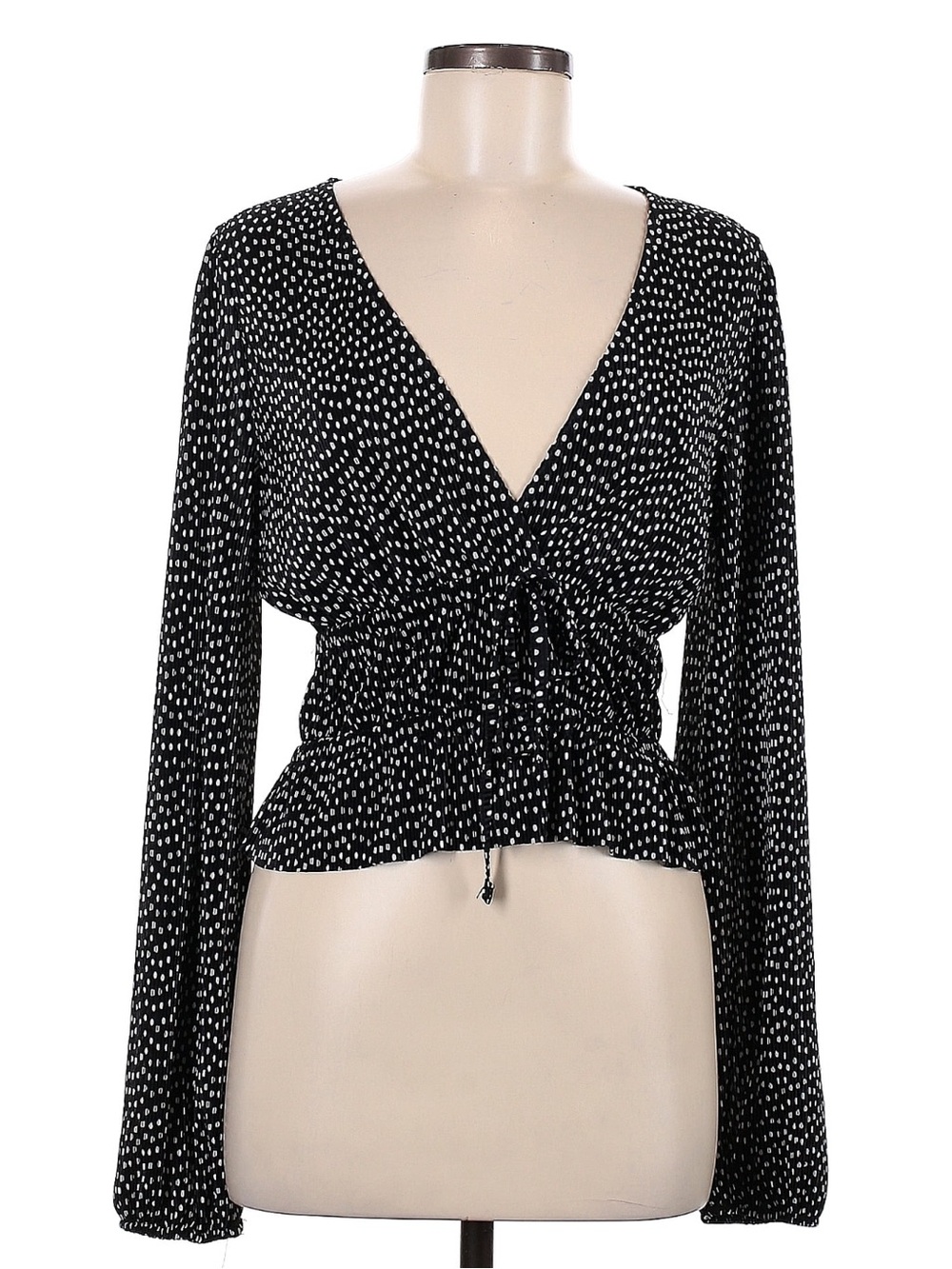 Zara Black and White Polka Tie-Front Long Sleeve Top